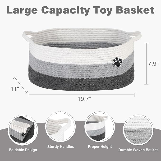 Dog Toy Basket, Toy Box and Bin for Dog Cat Storage, 19.7" X 11" X 7.9" (30L) Large Woven Basket for Blanket Storage, Rope Baskets for Living Room, Bedroom, White & Grey