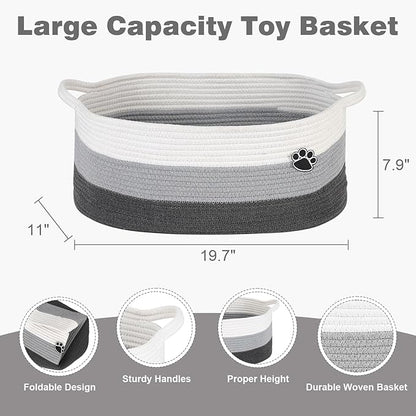 Dog Toy Basket, Toy Box and Bin for Dog Cat Storage, 19.7" X 11" X 7.9" (30L) Large Woven Basket for Blanket Storage, Rope Baskets for Living Room, Bedroom, White & Grey