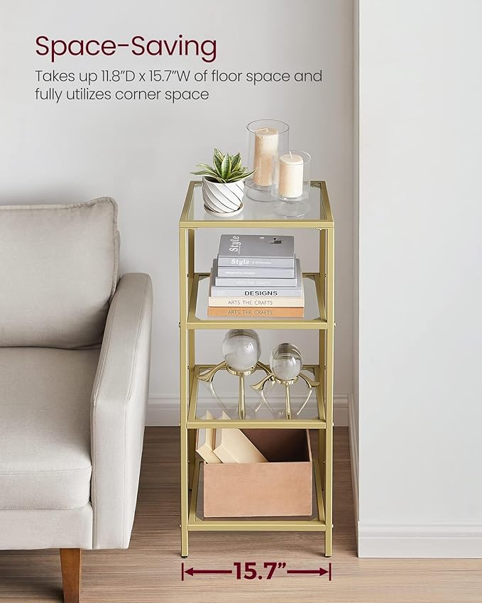 VASAGLE Bookcase, 4-Tier Bookshelf, Slim Shelving Unit for Bedroom, Bathroom, Home Office, Tempered Glass, Steel Frame, Metallic Gold ULGT28G