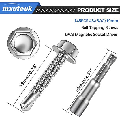 mxuteuk #10×3/4" Self Tapping Screws,410 Stainless Steel Self Tapping Screws for Metal,Self Drilling Screws,Hex Washer Head Sheet Metal Screws Suitable for Wood, Metal or Tough Materials (145PCS)