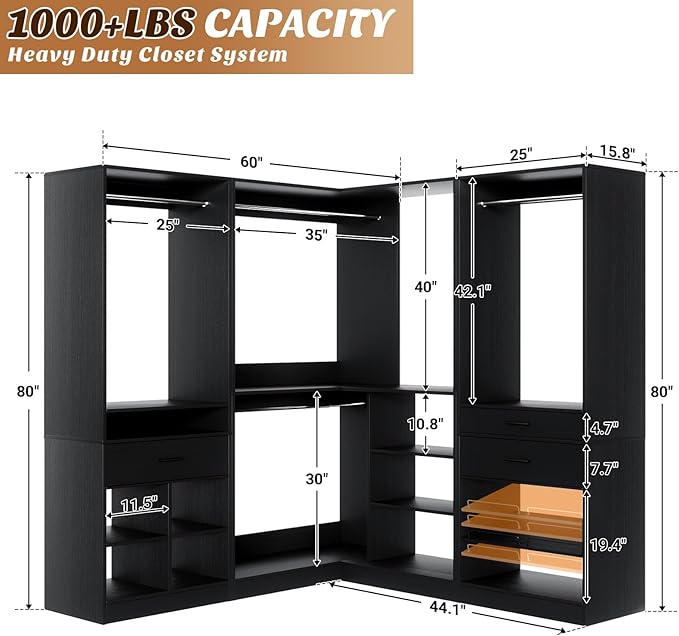 Unikito 86" Corner Closet System, Modular Closets Organizer with 4 Hanging Rods and Storage Shelves, Freestanding Adjustable Wood Clothes Garment Rack with Drawers, Sturdy Walk in Closet Tower, Black