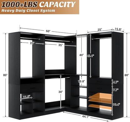 Unikito 86" Corner Closet System, Modular Closets Organizer with 4 Hanging Rods and Storage Shelves, Freestanding Adjustable Wood Clothes Garment Rack with Drawers, Sturdy Walk in Closet Tower, Black
