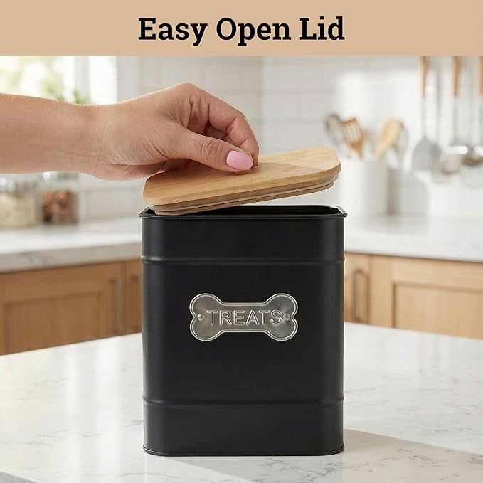 Dog Treat Container Airtight - 6 Inch Wide x 8 Inch Tall Iron Dog Treat Jar for Kitchen Counter with Airtight Bamboo Lid - 12 Cup Capacity Pet Treat Container - Doggie Cookie Jar - Big Treats Canister