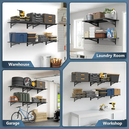 4 Pack Heavy Duty Garage Wall Shelving (2x3ft), 1400lbs Capacity Garage Shelving Wall Mounted, 24"x72"Garage Storage Rack Floating Shelves, Black