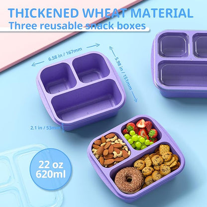 Snack Boxes (3 Pack) - Stackable Bento Boxes with 3 Compartments, Meal Prep Containers Reusable, Lightweight Lunch Containers for Kids and Adults, BPA Free (Purple)