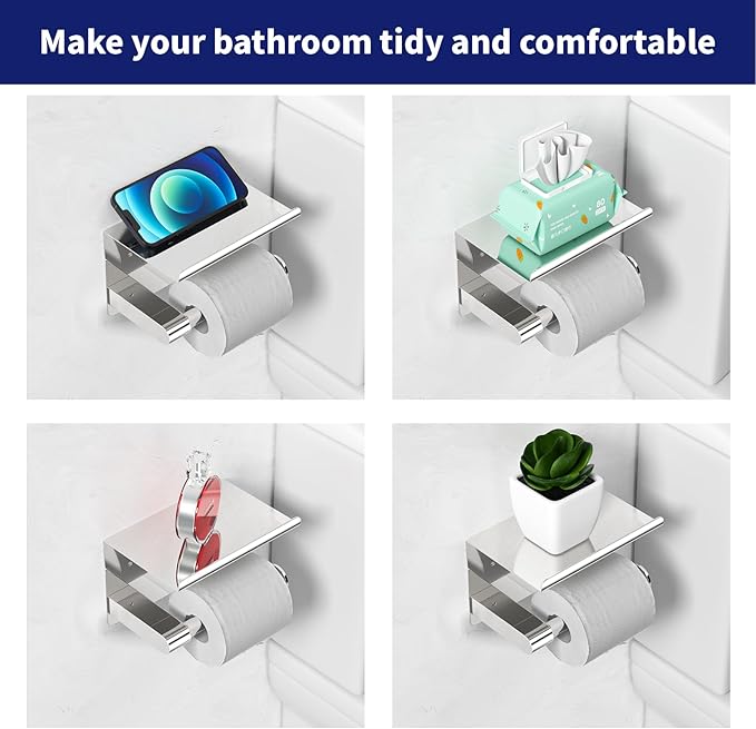 Chrome Toilet Paper Holder Wall Mount, Fits Mega Rolls Size Sliver Toilet Paper Holder with Shelf, Rustproof Stainless Steel Toilet Roll Holder, Self Adhesive Toilet Paper Holders Chrome