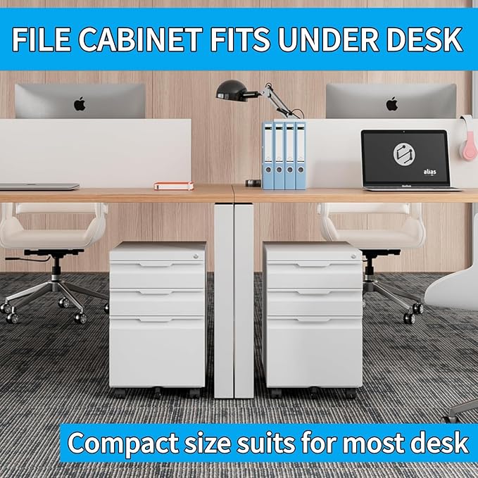 3 Drawer Mobile File Cabinet with Wheels, File Cabinet with Lock, Filing Cabinets for Home Office, Rolling Filing Cabinets Under Desk Storage for Letter/Legal/A4 Files