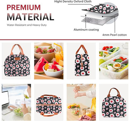 Lunch Bag for Women & Men Adult Insulated Lunch Box, Small Leakproof Cooler Food Lunch Containers Reusable High Capacity Lunch Tote Bags for Work, Travel, Outdoor (Red Flower)