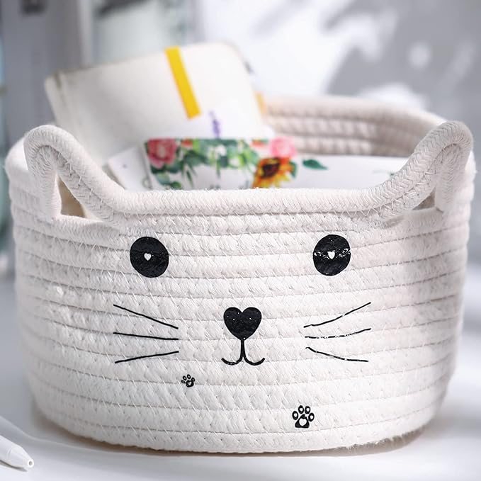 Zopeal Cat Basket Storage Woven Organizer with Ears Easter Decorative Gift Pet Toy Cute Cotton Rope Basket for Gift Cat Dog Toy Bin Nursery Room(8.3 x 4.7 Inch,White)