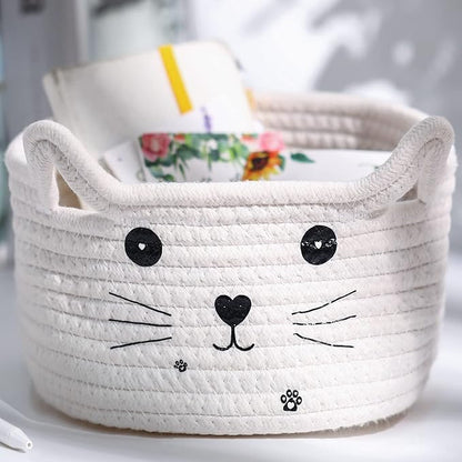 Zopeal Cat Basket Storage Woven Organizer with Ears Easter Decorative Gift Pet Toy Cute Cotton Rope Basket for Gift Cat Dog Toy Bin Nursery Room(8.3 x 4.7 Inch,White)