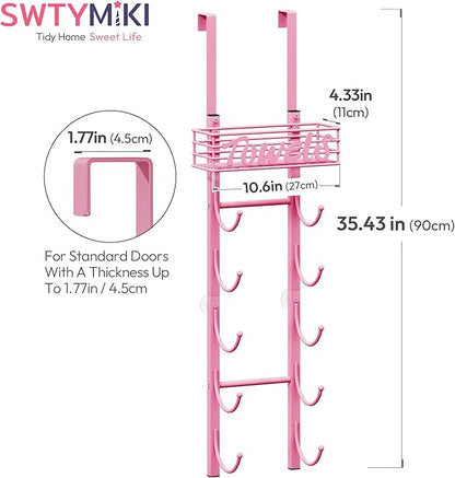 SWTYMIKI Hanging Towel Racks for Bathroom - 9 Tier Over The Door & Wall Mounted Bath Rolled Towel Storage Organizer Holder for Small Bathroom, RV, Camper (Pink, 6-Tier)