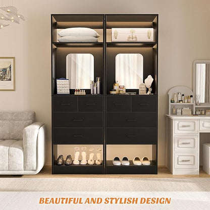 Unikito 25 Inch Closet System with 4 Drawers, 2FT Wood Closets Organizer with Storage Shelves and Mirror Design, Freestanding Sturdy Walk in Closet Tower for Bedroom, 25" W x 16" D x 80" H, Black