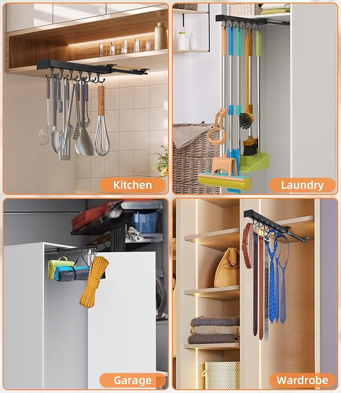 Pull Out Broom Holder With Adjustable Double Row Sliding Hook, Multifunctional Slide Broom And Mop Storage/Organizer Garage Organization Hooks, for Closet Laundry Garage Cupboard Kitchen