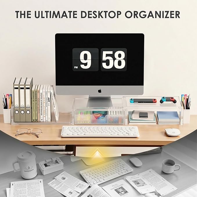 OPNICE Clear Acrylic Desk Organizers and Accessories, Dual Monitor Stand Riser with Drawer, Desk Shelf Computer Racks for Office Workspace Organizers, Desktop Organization
