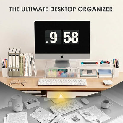 OPNICE Clear Acrylic Desk Organizers and Accessories, Dual Monitor Stand Riser with Drawer, Desk Shelf Computer Racks for Office Workspace Organizers, Desktop Organization