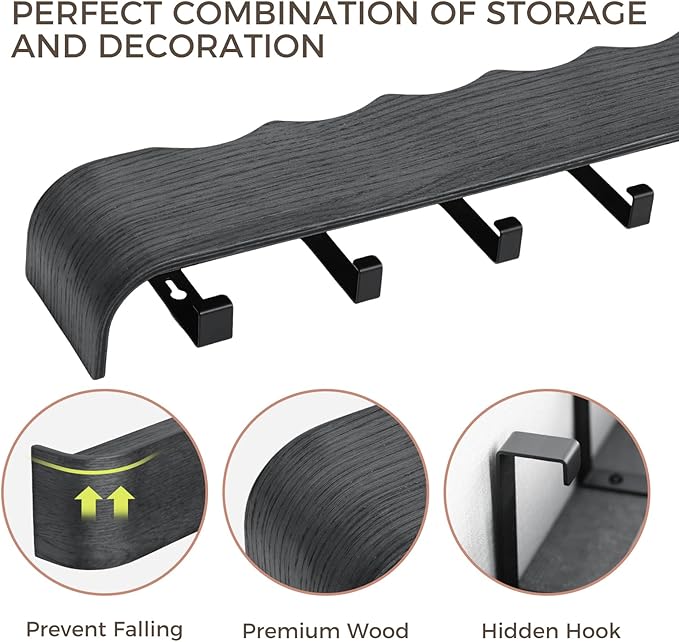 Wall Coat Rack Floating Shelves Modern Coat Rack Wall Mount with Storage Entryway Shelf Wooden Hanger 20 Inch 4 Hidden Metal Hooks for Living Room Bedroom (Wavy Black, 4 Hooks)