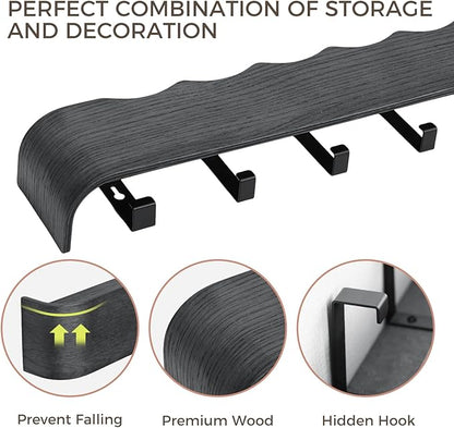 Wall Coat Rack Floating Shelves Modern Coat Rack Wall Mount with Storage Entryway Shelf Wooden Hanger 20 Inch 4 Hidden Metal Hooks for Living Room Bedroom (Wavy Black, 4 Hooks)