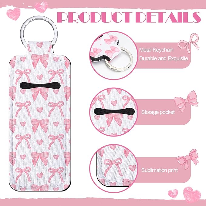 12 Pcs Lipstick Holder Keychain Bulk Cute Pocket Lip Balm Holder Keychain Backpack Purse Accessories for Women Lip Gloss Sleeve Pouch, 6 Style(Pink Bow)