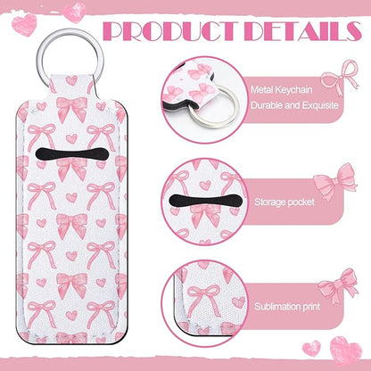 12 Pcs Lipstick Holder Keychain Bulk Cute Pocket Lip Balm Holder Keychain Backpack Purse Accessories for Women Lip Gloss Sleeve Pouch, 6 Style(Pink Bow)