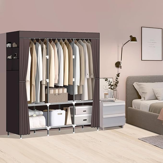 LOKEME Wardrobe Closet,Portable Closet for Bedroom Steel Pipe Diameter 19mm Strong and Sturdy Coffee Colored Portable Closets for Hanging Clothes with 3 Hanging rods, 6 Storage Shelves and Side Pocket