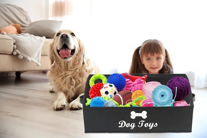 Geyecete Dog Toy Basket Large Dog Toy bin Dog Toy Box Storage Box - Foldable Fabric Trapezoid Organizer Boxes with Handle, Collapsible Basket for Dog Toys (Black-Dog)