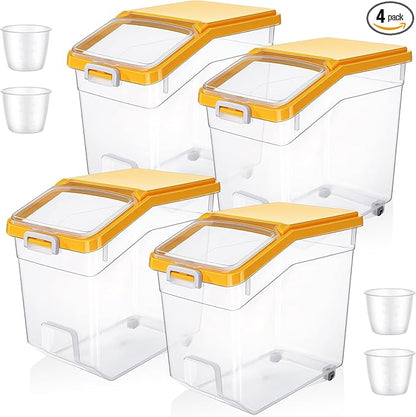 Sunnyray 4 Pcs Rice Storage Container 38 lb Flour Container with Wheels Measuring Cup Clear Pet Food Bin Dog Bird Cat Food Bin Grain Cereal Organizer Box for Dry Baking Supplies(Yellow Lid)
