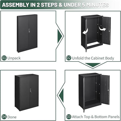 42" Folding Metal Storage Cabinet with Lock,2 Doors and 2 Adjustable Shelves,Quick Assembly Foldable Steel Cabinet for Office Home Garage,Black