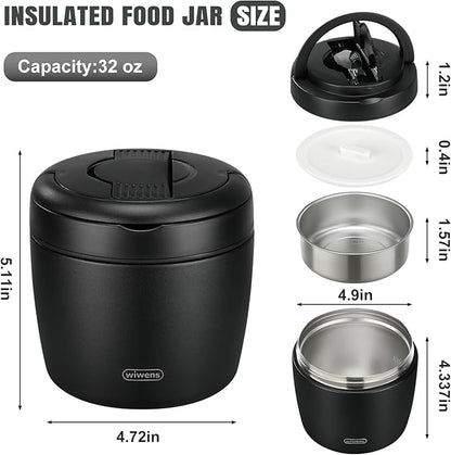 Thermo Food Jar for Hot Food Adults 32OZ Soup Thermo Lunch Containers Wide Mouth Vacuum Insulated Stainless Steel Leakproof Bento Box with Spoon (Black)