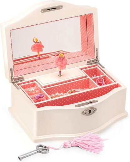 Elle Jewelry Box - Ballerina Jewelry Organizer and Swan Lake Wind-Up Music Box for Girls and Teens, Accessories and Keepsake Wooden Storage with Lock and Mirror, Charming Room Decor and Gift, Large