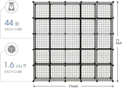 KOUSI DIY Wire Cube Storage, Modular Metal Shelf, Cubby Shelving, Stackable Grid Organizer, 25 Cube, Black