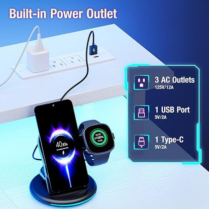 DUMOS Gaming Desk Computer Office Desks with LED Lights Power Outlets, Monitor Stand Storage Shelves, Ergonomic White Office Table for Home Gaming Station 48 Inch White