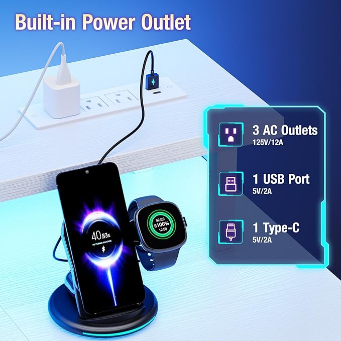 DUMOS Gaming Desk 48 inch Computer Office Desks with LED Lights Power Outlets, Monitor Stand Storage Shelves, Ergonomic White Office Table for Home Gaming Station