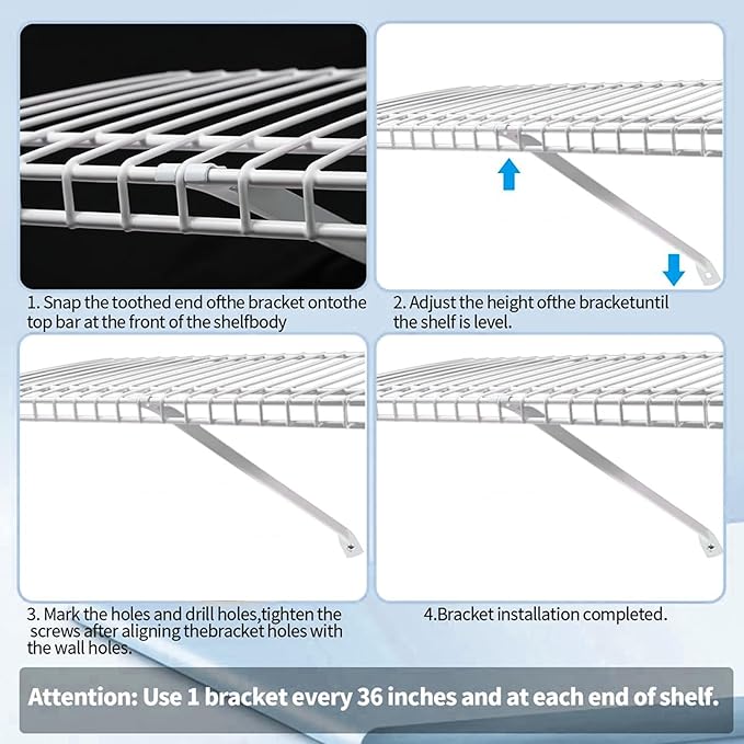 12 Inch Wire Shelf Brackets Set - Heavy Duty Steel Shelf Support Kit (3 Brackets + 6 Clips + 2 Ends) for Closet, Wall Mounted Storage Rack