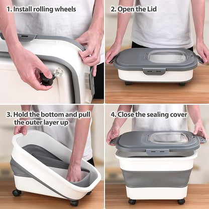 Dog Food Storage Container, 10-20Lbs Collapsible Pet Food Storage Containers with Rolling Wheel Airtight Locking Lid, Dry Food Storage Bin with Cup and Scoop,Suitable for Pet Food, Rice, Flour