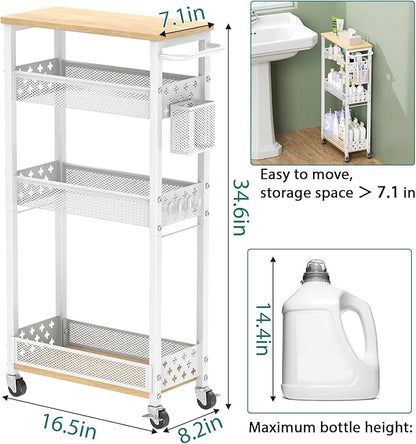 Slim Storage Cart 4 Tier Laundry Cart with Wheels, Narrow Metal Kitchen Rolling Carts Bathroom Organizers Storage Shelf with Wood Rack and Handle for Small Space