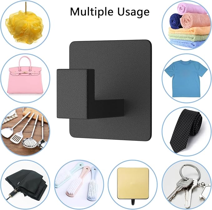 VAEHOLD Adhesive Towel Hooks, Heavy Duty Wall Hooks Aluminum Black Hooks for Hanging Coat, Hat, Towel, Robe, Clothes, Shower Hook for Door, Office, Kitchen, Bathroom - 2 Pack (Black)