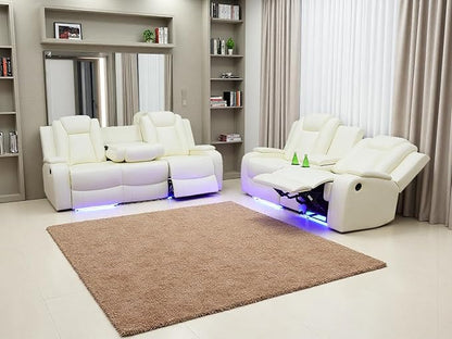 Power Reclining Sofa Set with Drop-down Table, Living Room Furniture Sets, Ivory White Breathing Leather Sofa Power Sofa and Loveseat with Cup Holders/Storage Console/LED Light for Living Room