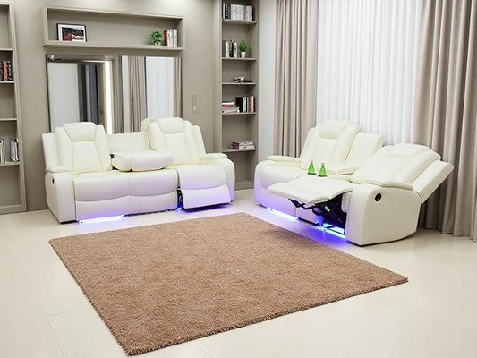 Power Reclining Sofa Set with Drop-down Table, Living Room Furniture Sets, Ivory White Breathing Leather Sofa Power Sofa and Loveseat with Cup Holders/Storage Console/LED Light for Living Room