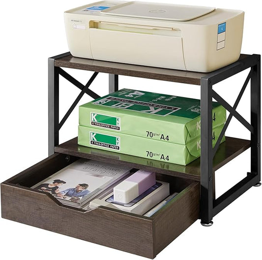 IBUYKE 2 Tier Desktop Printer Stand,Multi-Purpose Desk Organizer,Wooden Printer Stand with Drawer Storage for Folders,Books,for Fax Machine, Scanner,Home Office,Grey TLJ006G