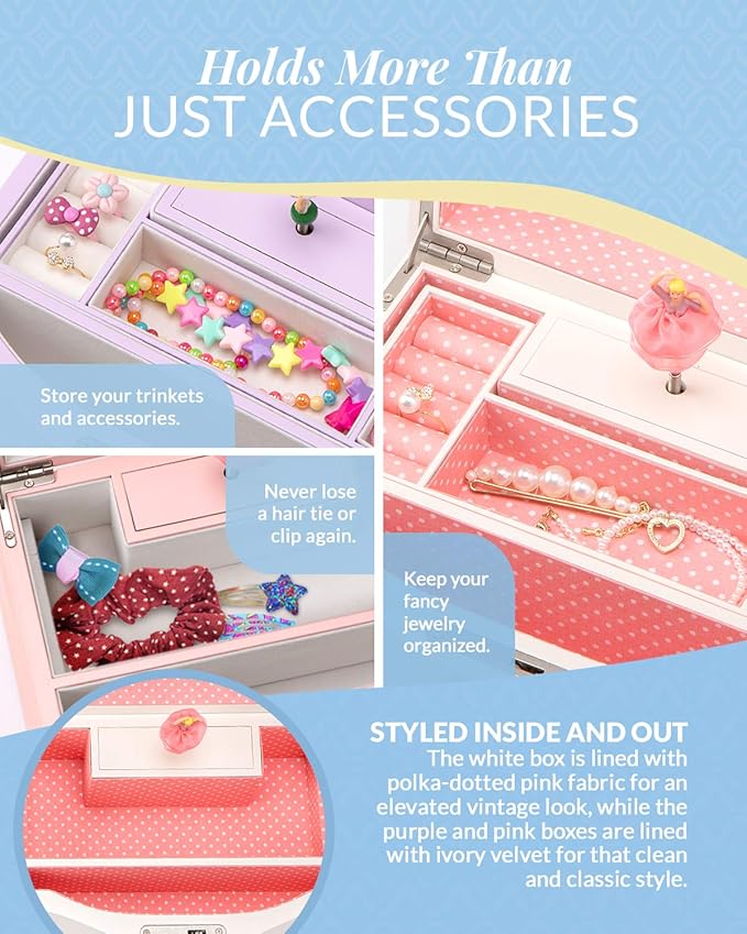 Elle Jewelry Box - Ballerina Jewelry Organizer and Swan Lake Wind-Up Music Box for Girls and Teens, Accessories and Keepsake Wooden Storage with Lock and Mirror, Charming Room Decor and Gift, Large