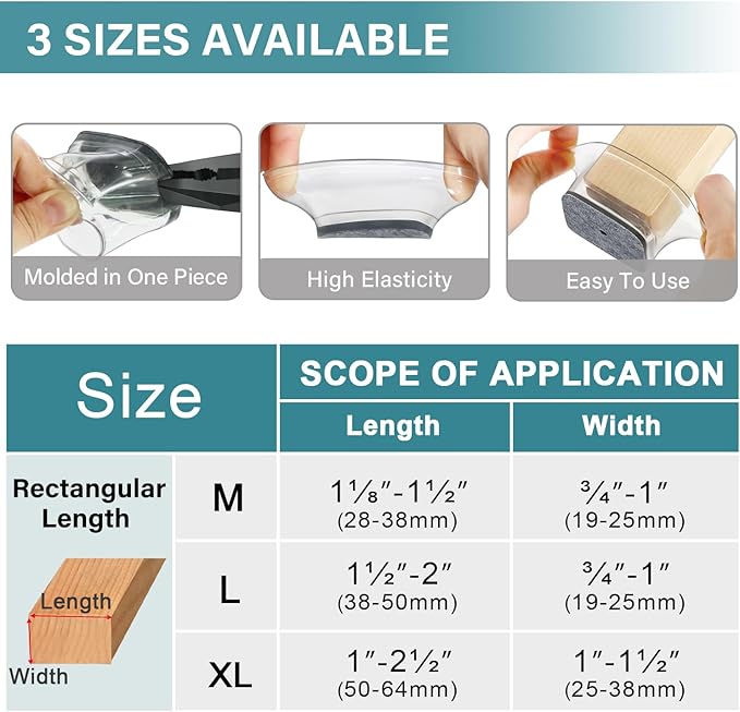 24 Pcs Chair Leg Floor Protectors Rectangle, Silicone Felt Furniture Leg Pads Caps Covers for Hardwood Floors, Fit L:1-1/8" to 1-1/2", W:3/4" to 1"
