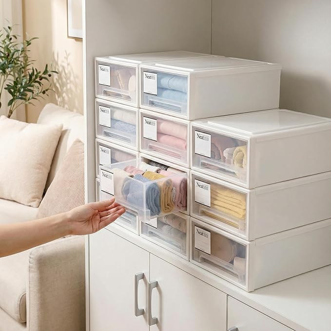 ZENFUN 3 Pack Plastic Stackable DrawerStorage Drawers Bins, Small Drawer-type Desk Organizer Boxes, Translucent Small Chest of Drawers, Stackable Drawers for Home, Office, Desktop