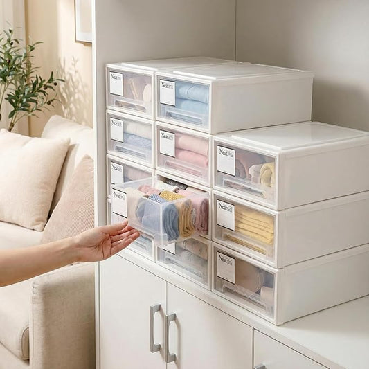 ZENFUN 3 Pack Plastic Stackable DrawerStorage Drawers Bins, Small Drawer-type Desk Organizer Boxes, Translucent Small Chest of Drawers, Stackable Drawers for Home, Office, Desktop