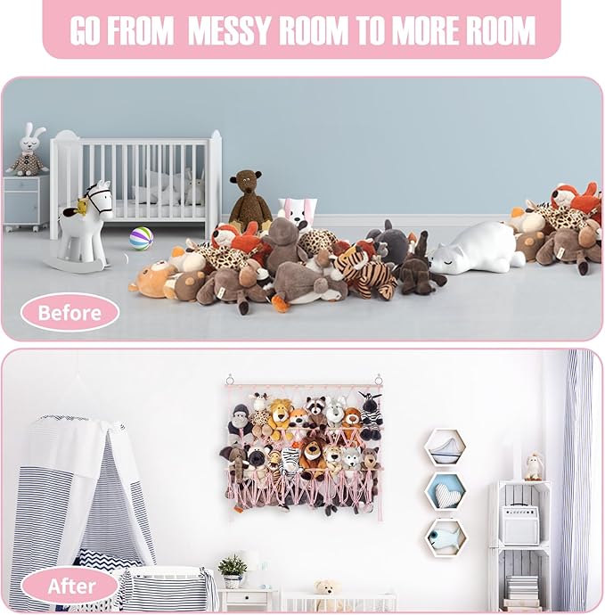Stuffed Animal Net or Hammock Large Corner Storage for Plushies Stuffed Animals Zoo Wall Hanging Organizer Holder for Net Hammock, Space-Saving Nursery Decor (Pink)