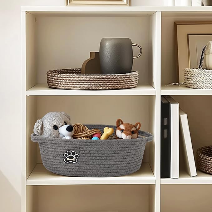 Small Dog Toy Basket, Soft Cotton Rope Dog Cat Toy Bin, Woven Storage Holder for Living Room Nursery, Cats Pet Gift Basket Empty, Decorative Wicker Storage Box with Handle, 13"x 9"x 5" (Grey)