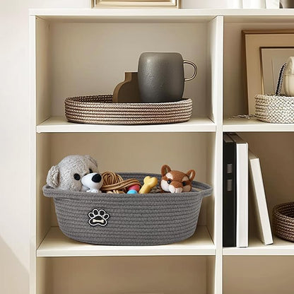 Small Dog Toy Basket, Soft Cotton Rope Dog Cat Toy Bin, Woven Storage Holder for Living Room Nursery, Cats Pet Gift Basket Empty, Decorative Wicker Storage Box with Handle, 13"x 9"x 5" (Grey)