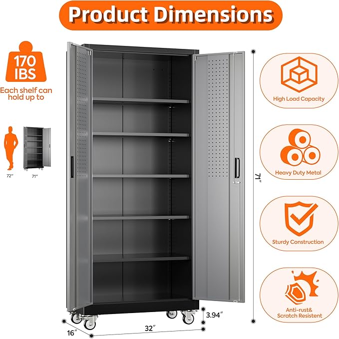 Garage Storage Cabinet with Wheels and Pegboard, 71"H x 32"W x 16"D Lockable Metal Storage Cabinet with 5 Adjustable Shelves and 2 Doors for Garage Home, Assembly Required, Black and Dark Grey