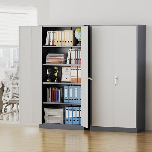 Pataku Metal Storage Cabinet, 72" Garage Cabinet with Doors and Shelves Lockable Steel Multifunctional Cabinets, File Cabinets for Home, Office, Garage, Warehouse(White Grey)