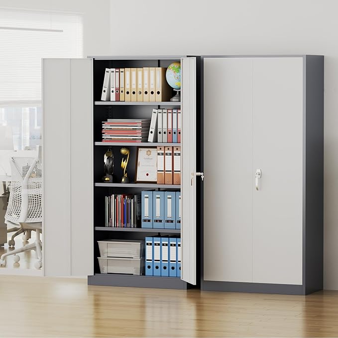 Pataku Metal Storage Cabinet, 71" Garage Cabinet with Doors and Shelves Lockable Steel Multifunctional Cabinets, File Cabinets for Home, Office, Garage, Warehouse(White Grey)