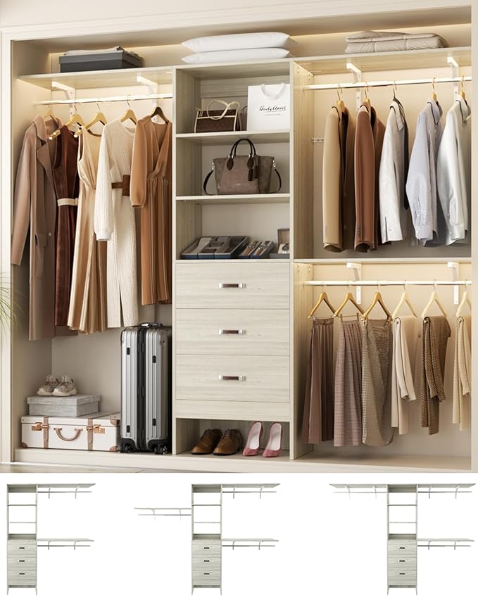 Closet System with 3 Drawers - 8FT Wood Closet Organizer with 3 Shelving Tower & Hanging Rods, 96" Walk-in Wardrobe Closet Organizer System for 4-8FT Spaces, Heavy Duty Garment Clothes Rack, White Oak
